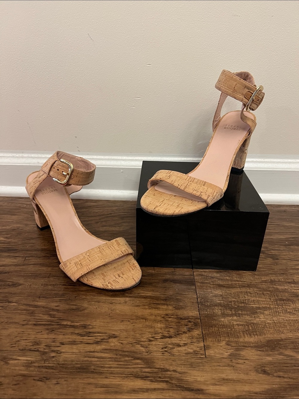 Stuart Weitzman Cork-Textured Ankle-Strap Block Heels in Tan